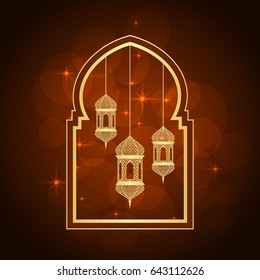 Ramadan greeting card on orange background. Vector illustration.
