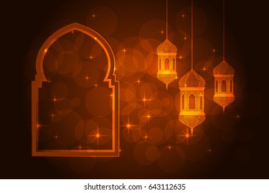 Ramadan greeting card on orange background. Vector illustration.