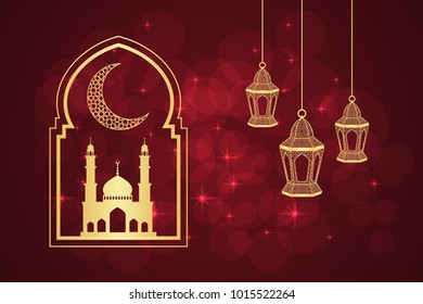 Ramadan Greeting Card On Red Background. Vector Illustration.