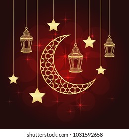 Ramadan greeting card on red background. Vector illustration.