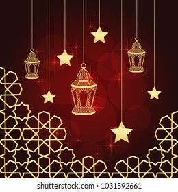Ramadan greeting card on red background. Vector illustration.