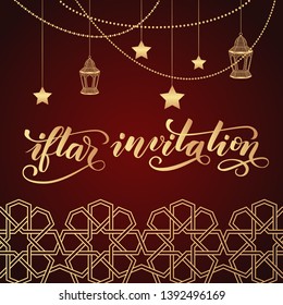 Ramadan greeting card on red background. Iftar invitation modern brush calligraphy. Vector illustration.