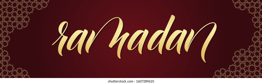 Ramadan greeting card on red background. Brush Calligraphy. Vector illustration.