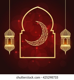 Ramadan greeting card on red background. Vector illustration.