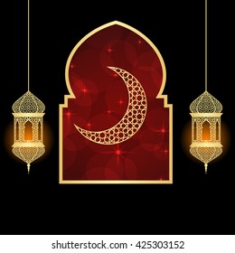 Ramadan greeting card on red and black background. Vector illustration.