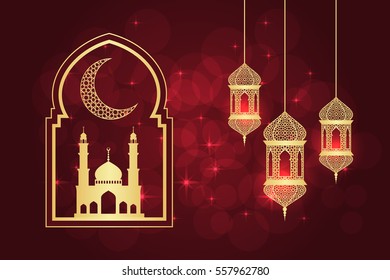 Ramadan greeting card on red background. Vector illustration. Ramadan Kareem means Ramadan is generous.