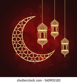 Ramadan greeting card on red background. Vector illustration. Ramadan Kareem means Ramadan is generous.