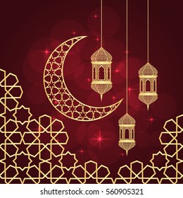 Ramadan greeting card on red background. Vector illustration. Ramadan Kareem means Ramadan is generous.