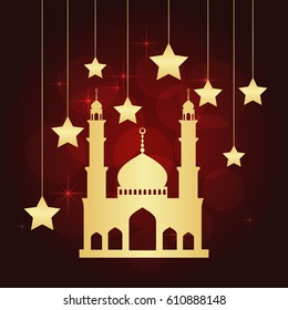 Ramadan greeting card on red background. Vector illustration.