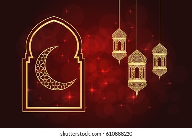 Ramadan greeting card on red background. Vector illustration.