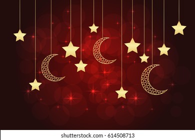 Ramadan greeting card on red background. Vector illustration. 