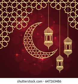 Ramadan greeting card on red background. Vector illustration.