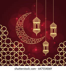 Ramadan Greeting Card On Red Background. Vector Illustration.