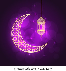 Ramadan greeting card on violet background. Vector illustration. Ramadan Kareem means Ramadan is generous.