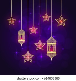 Ramadan greeting card on violet background. Vector illustration.