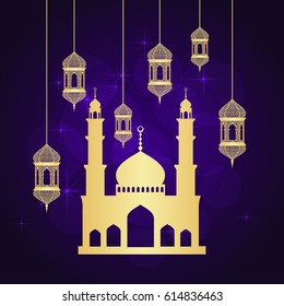 Ramadan greeting card on violet background. Vector illustration.