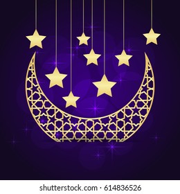 Ramadan greeting card on violet background. Vector illustration.