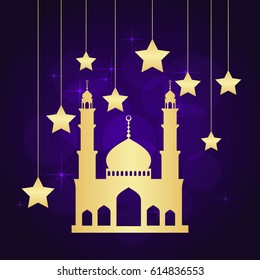 Ramadan greeting card on violet background. Vector illustration.
