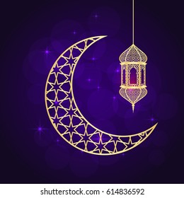 Ramadan greeting card on violet background. Vector illustration.