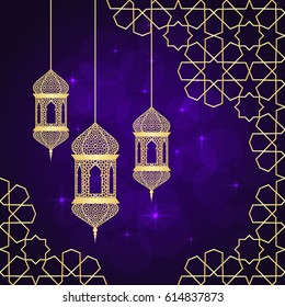 Ramadan greeting card on violet background. Vector illustration.