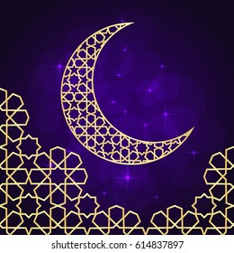 Ramadan greeting card on violet background. Vector illustration.