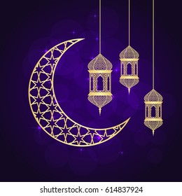 Ramadan greeting card on violet background. Vector illustration.