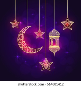 Ramadan greeting card on violet background. Vector illustration. Ramadan Kareem means Ramadan is generous