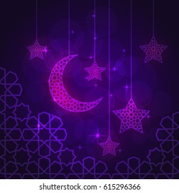 Ramadan greeting card on violet background. Vector illustration. 