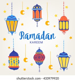 Ramadan greeting card with six lanterns, stars and moon on light background. Perfect for Islamic holidays. Vector illustration