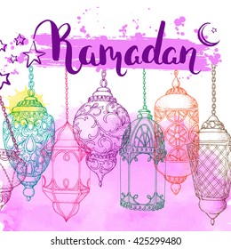 Ramadan greeting card. Sketch arabic lanterns. Bright vector watercolor background. Ink hand drawn inscription. Brush lettering. Calligraphy.