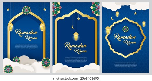 ramadan greeting card template blue background and gold lines