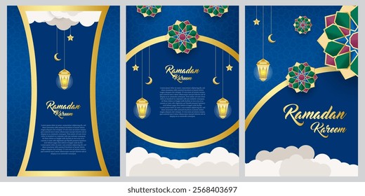 ramadan greeting card template blue background and gold lines