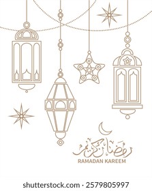 Ramadan greeting card with traditional ancient lanterns (fanoos) and Arabic calligraphy. Text meaning: Ramadan Kareem. Vector illustration.