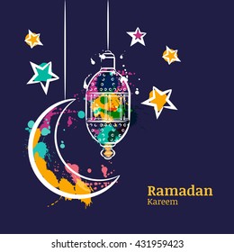 Ramadan greeting card with traditional watercolor lantern, moon and stars on night sky. Ramadan Kareem watercolor decoration background. Vector design for muslim holiday. 