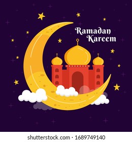 Ramadan greeting card vector, Postcard social media. Holy month in islam religion. Mosque ramadan event in flat design cartoon style