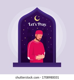 Ramadan greeting card vector, Postcard social media. Holy month in islam religion. people prayer at night in flat design cartoon style