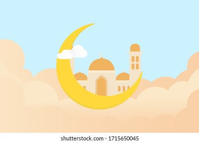 Ramadan greeting card vector, Postcard social media. Holy month in islam religion. eid fitr flyer, Mosque ramadan event in flat design cartoon style
