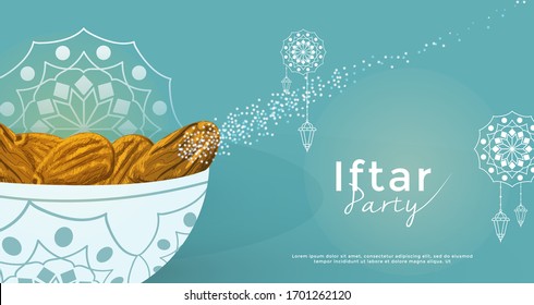 Ramadhan-Monat. Das Konzept des Iftar-Essens nach dem Fasten. die Schnelligkeit mit Terminen zu brechen oder Eid zu feiern. Illustration der Daten in der Schüssel, Landing Page Templates, Banner, Social Media, Vektor.