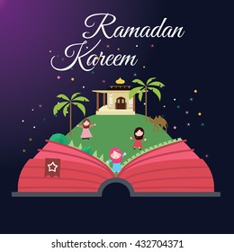 Ramadan greeting cards kids and mosque with starry night Islam celebration month 