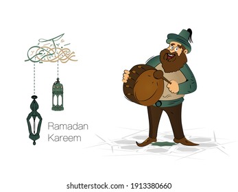 Ramadan greeting card.Translated (ramadan Generous). Ramadan drummer. Cartoon character with drum and islamic decoration. Vector