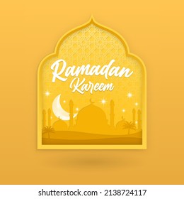 Ramadan greeting design. with middle eastern ornaments. mosque silhouette, stars and moon. Can be used for social media or for printing.