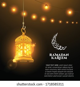 Ramadan greeting design with moon-shaped arabic calligraphy, translation: ramadan kareem (ramadan the generous), luminous arabian lantern and decoration lamps.