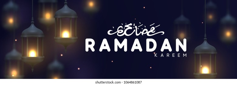 Ramadan greeting horizontal banner with arabic calligraphy Ramadan Kareem. Realistic old Arabic lamps lanterns with shiny fire hanging on dark background. Islamic holiday vector banner