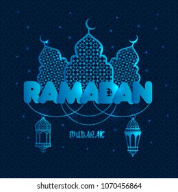 Ramadan greeting illustration with silhouette of mosque on dark blue. Creative design concept for muslim holiday.