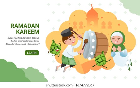 Ramadan greeting image or landing page, the man hit the drum and women beside and mosque silhouette as background. use for social media greeting, landing page and other