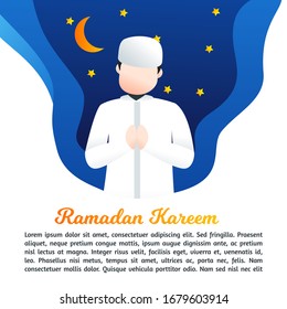 Ramadan greeting with muslim man cartoon illustration. greeting card or background with abstract element