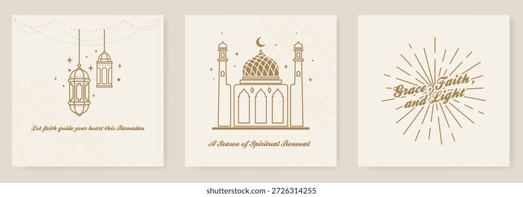 Saludo de Ramadán, diseño de post Plantillas, mínima cita lineal y simple. Luna, cúpula de mezquita y faroles.