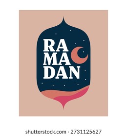Cartaz de saudação do Ramadã com Lua Crescente e Tipografia Negra em Estilo Islâmico Mínimo Moderno.