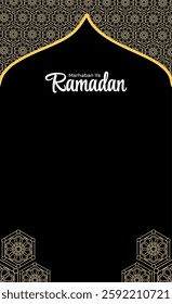 Ramadan greeting poster. Ramadan islamic festival background. Vertical greeting card template for Ramadan celebrations in black gold which looks elegant and minimalist