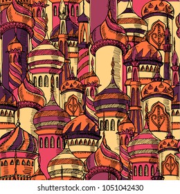 Ramadan greeting seamless pattern with mosque. Multicolor seamless background. Ramadan Kareem. Creative design concept for muslim holiday.